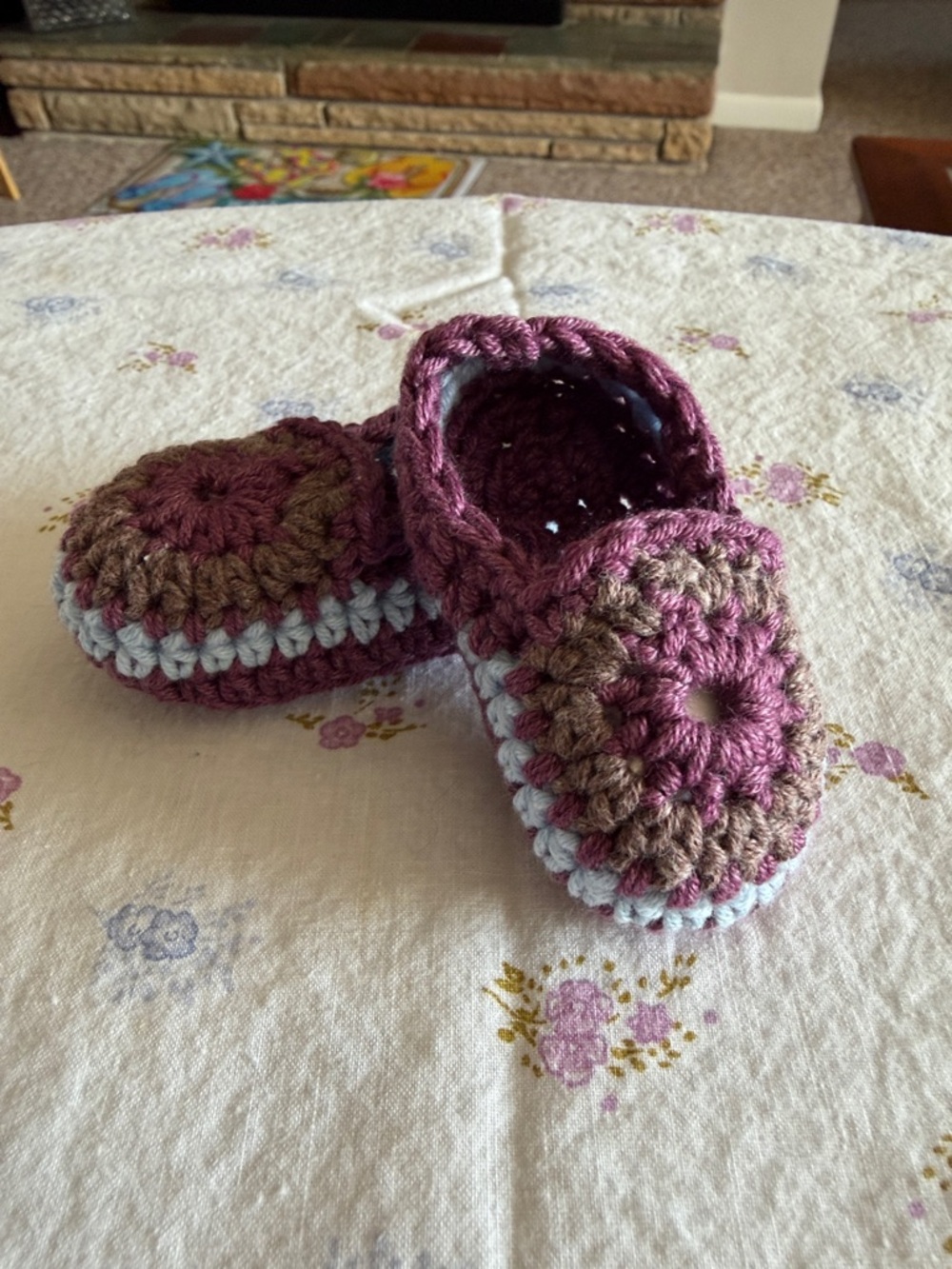 Handmade Baby Crochet Shoes - Purple, Brown & Light Blue